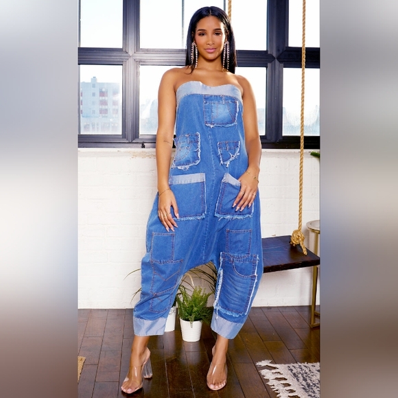 Women's Cargo Denim Bandeau Jumpsuit - Picture 1 of 10